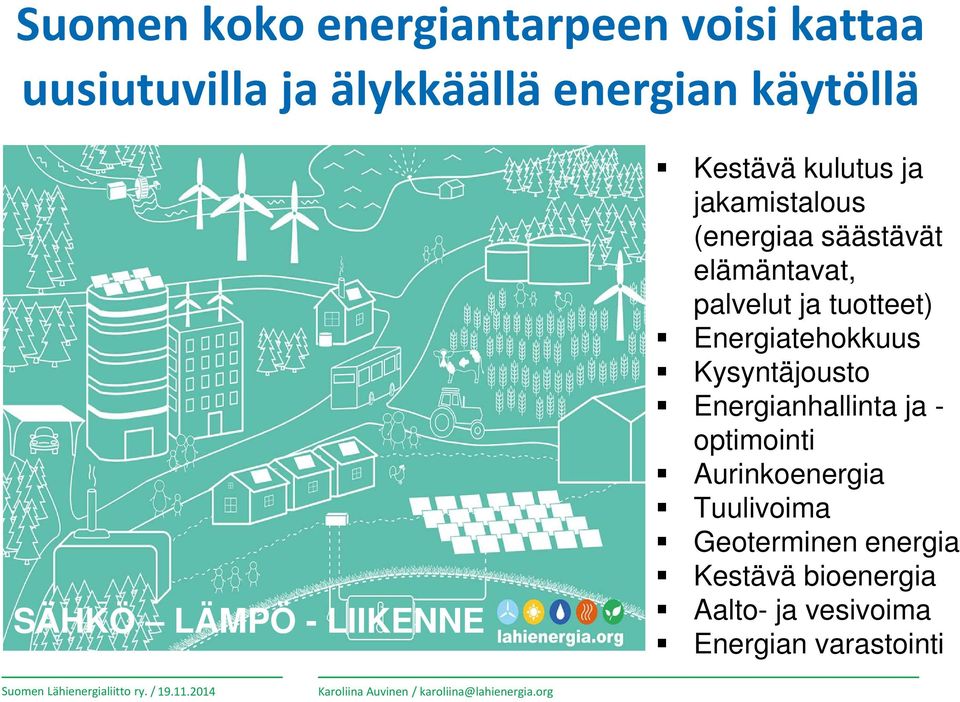 Kysyntäjousto Energianhallinta ja - optimointi Aurinkoenergia Tuulivoima Geoterminen energia Kestävä bioenergia