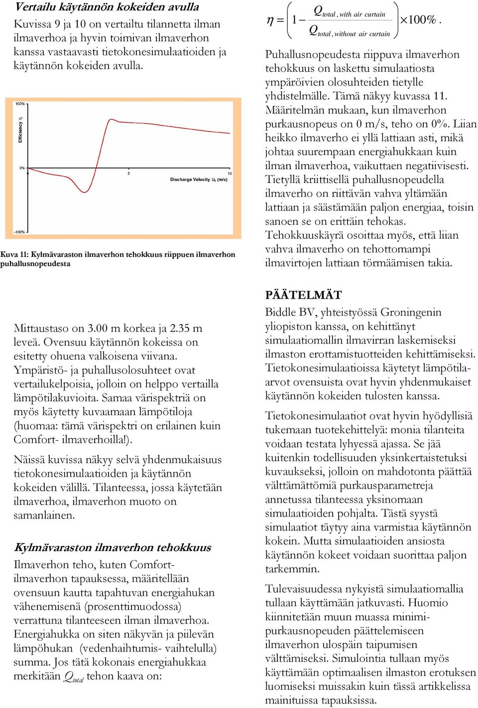 Qtotal, without air curtain Puhallusnopeudesta riippuva ilmaverhon tehokkuus on laskettu simulaatiosta ympäröivien olosuhteiden tietylle yhdistelmälle. Tämä näkyy kuvassa 11.