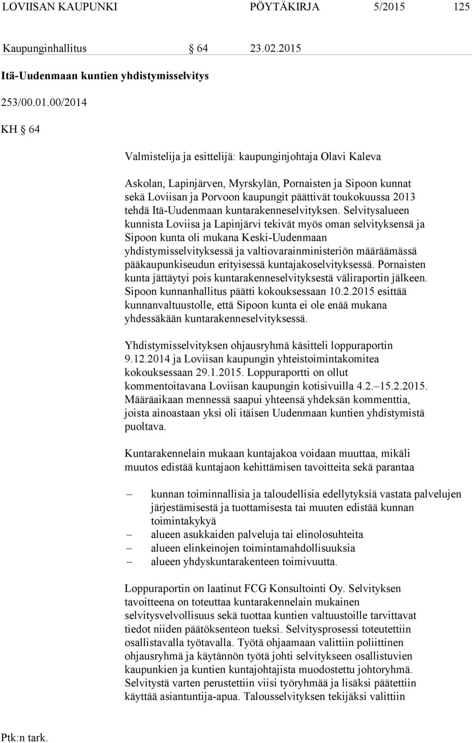 Itä-Uudenmaan kuntien yhdistymisselvitys 253/00.01.