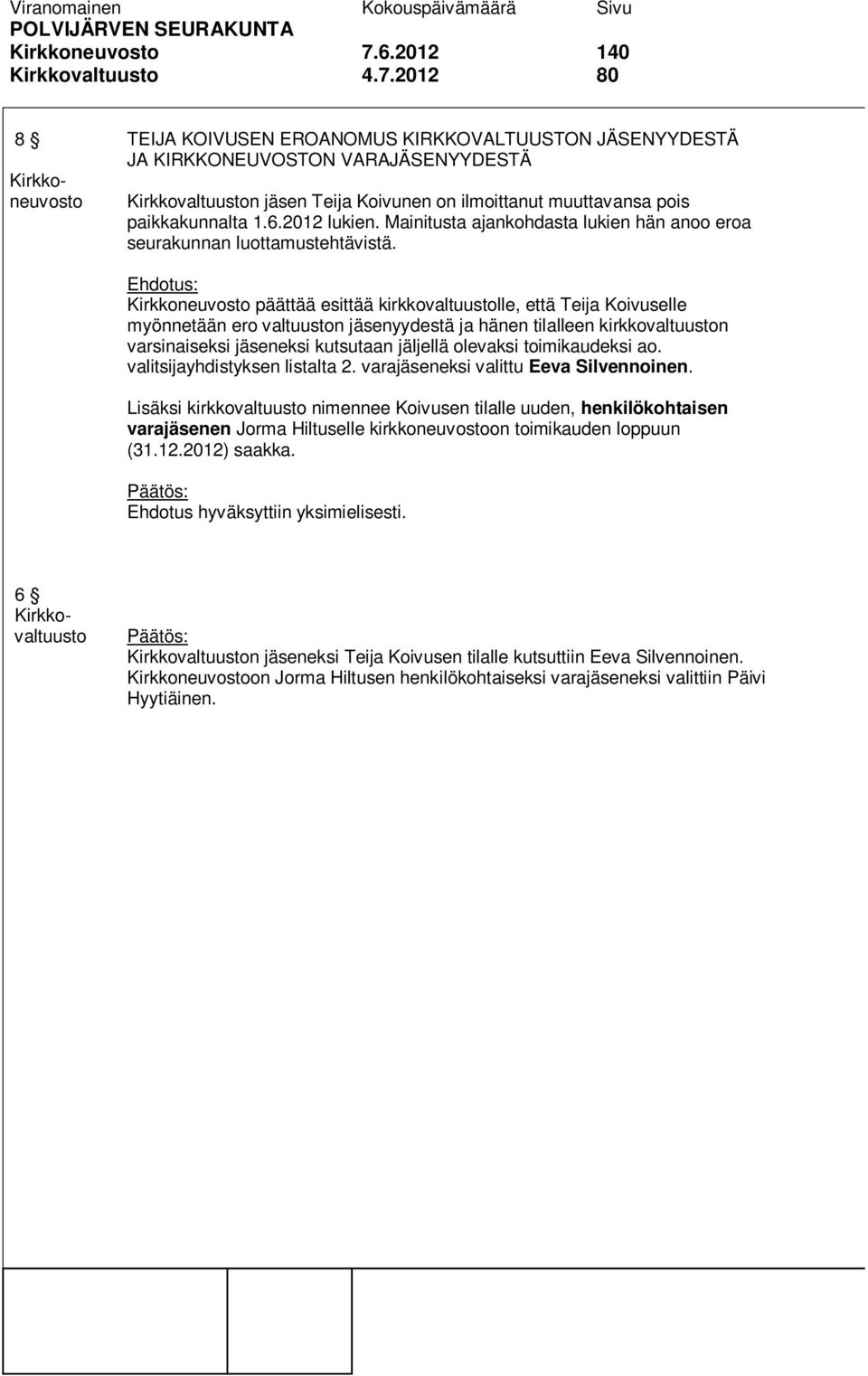 2012 80 8 TEIJA KOIVUSEN EROANOMUS KIRKKOVALTUUSTON JÄSENYYDESTÄ JA KIRKKONEUVOSTON VARAJÄSENYYDESTÄ Kirkkoneuvosto n jäsen Teija Koivunen on ilmoittanut muuttavansa pois paikkakunnalta 1.6.