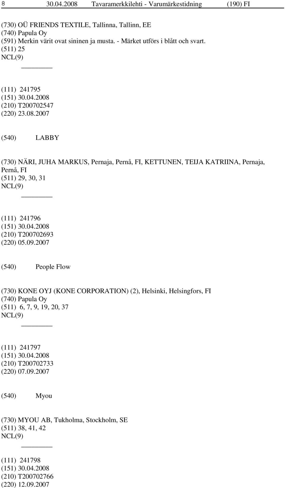 2007 LABBY (730) NÄRI, JUHA MARKUS, Pernaja, Pernå, FI, KETTUNEN, TEIJA KATRIINA, Pernaja, Pernå, FI (511) 29, 30, 31 (111) 241796 (210) T200702693 (220) 05.09.