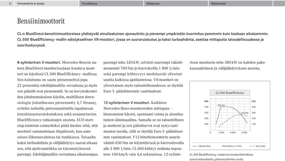 8-sylinterinen V-moottori. Mercedes-Benzin uuteen BlueDirect-moottorisarjaan kuuluva moottori on käytössä CL 500 BlueEfficiency -mallissa.