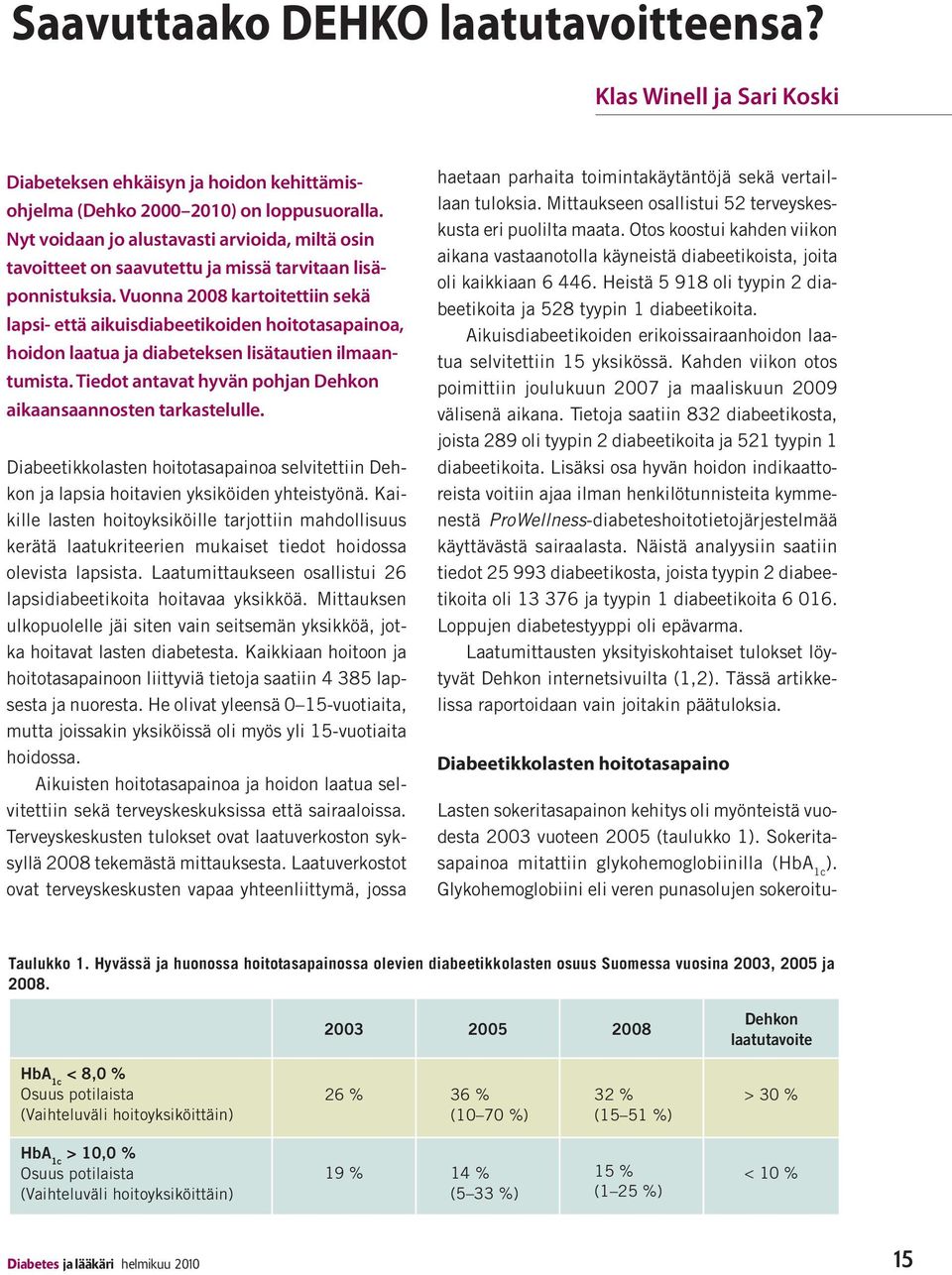 Vuonna 2008 kartoitettiin sekä lapsi- että aikuisdiabeetikoiden hoitotasapainoa, hoidon laatua ja diabeteksen lisätautien ilmaantumista.