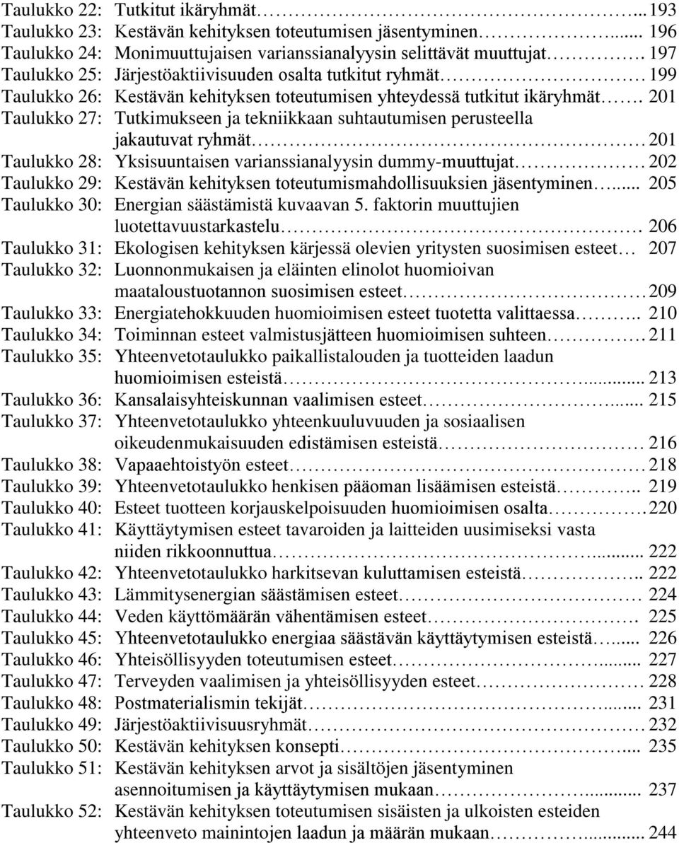 201 Taulukko 27: Tutkimukseen ja tekniikkaan suhtautumisen perusteella jakautuvat ryhmät 201 Taulukko 28: Yksisuuntaisen varianssianalyysin dummy-muuttujat 202 Taulukko 29: Kestävän kehityksen