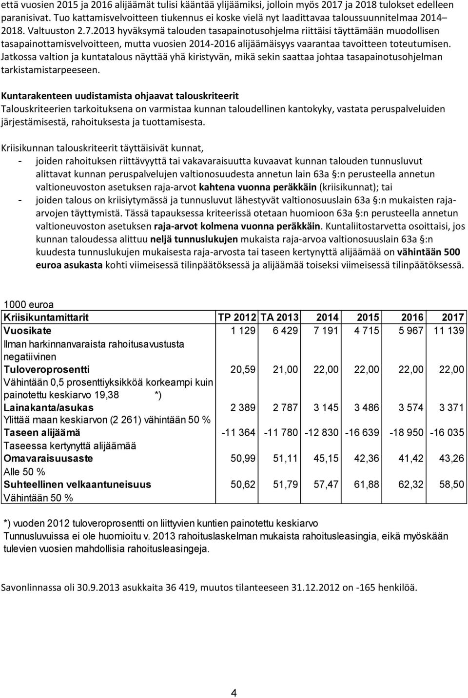 2013 hyväksymä talouden tasapainotusohjelma riittäisi täyttämään muodollisen tasapainottamisvelvoitteen, mutta vuosien 2014-2016 alijäämäisyys vaarantaa tavoitteen toteutumisen.