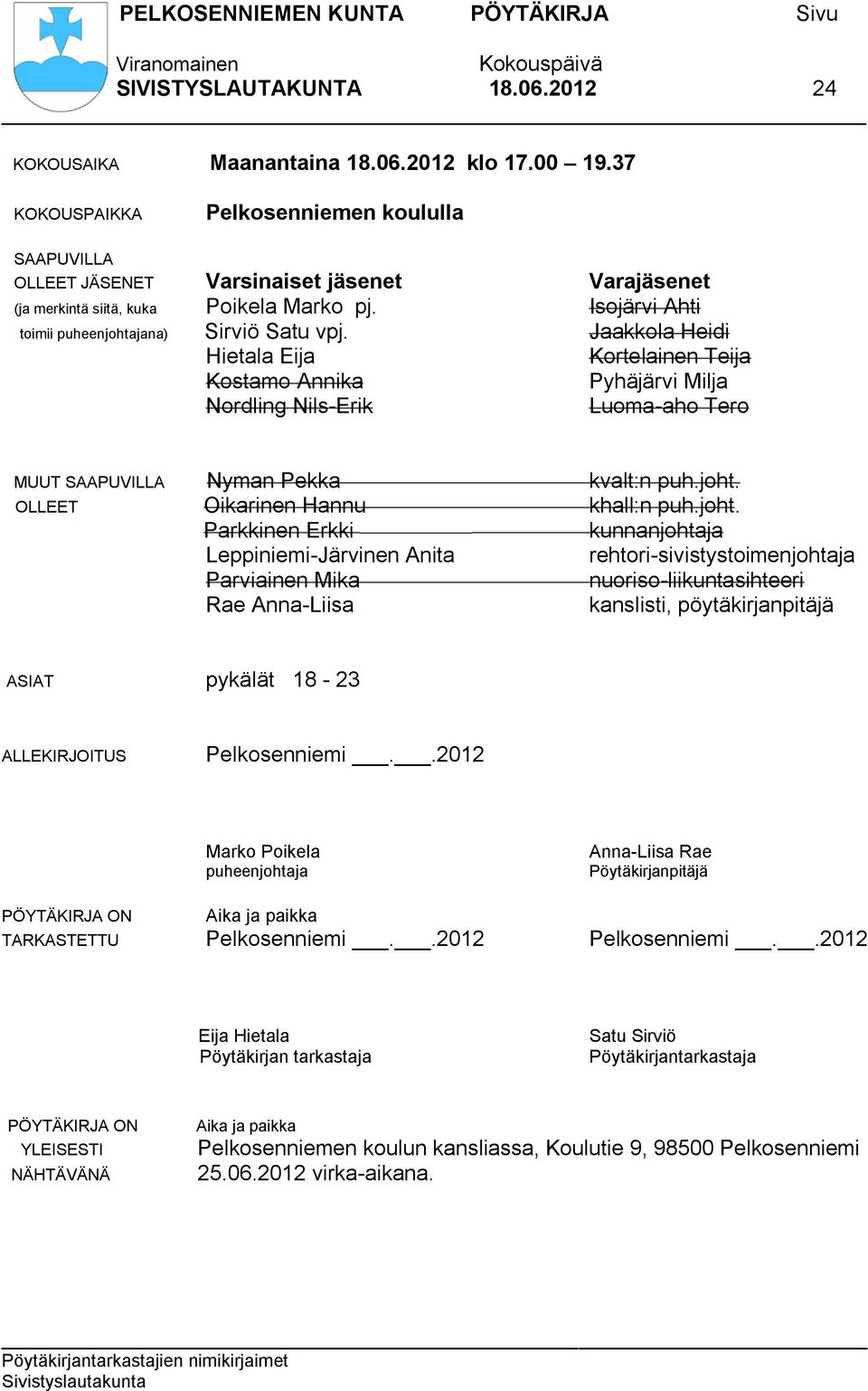 Jaakkola Heidi Hietala Eija Kortelainen Teija Kostamo Annika Pyhäjärvi Milja Nordling Nils-Erik Luoma-aho Tero MUUT SAAPUVILLA Nyman Pekka kvalt:n puh.joht.