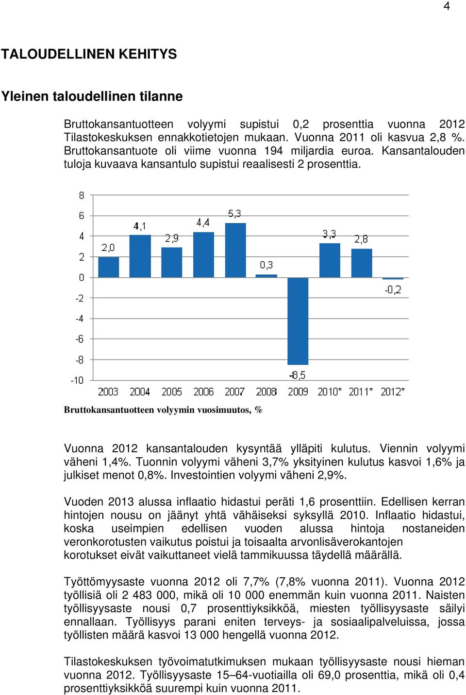 Bruttokansantuotteen volyymin vuosimuutos, % Vuonna 2012 kansantalouden kysyntää ylläpiti kulutus. Viennin volyymi väheni 1,4%.