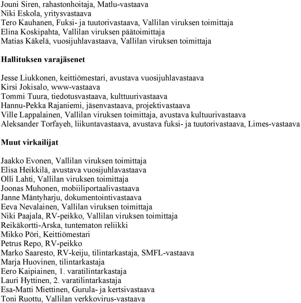 tiedotusvastaava, kulttuurivastaava Hannu-Pekka Rajaniemi, jäsenvastaava, projektivastaava Ville Lappalainen, Vallilan viruksen toimittaja, avustava kultuurivastaava Aleksander Torfayeh,