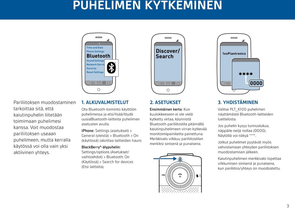 ALKUVALMISTELUT Ota Bluetooth-toiminto käyttöön puhelimessa ja etsi/lisää/löydä uusiabluetooth-laitteita puhelimen asetusten avulla.