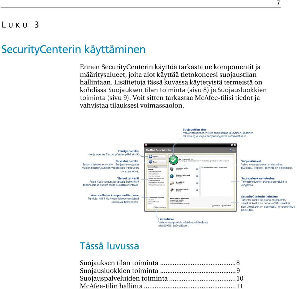 Lisätietoja tässä kuvassa käytetyistä termeistä on kohdissa Suojauksen tilan toiminta (sivu 8) ja Suojausluokkien toiminta (sivu