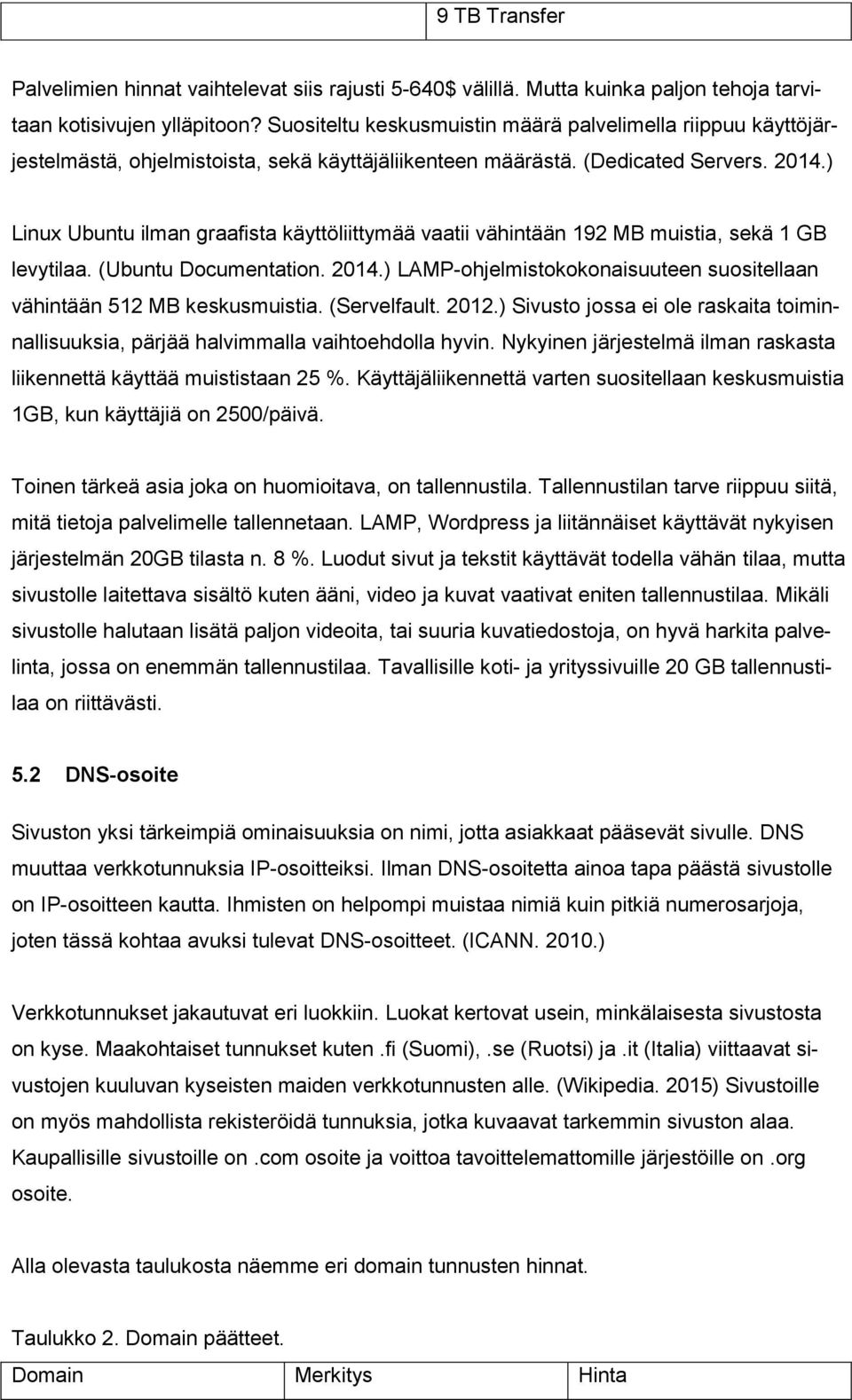 ) Linux Ubuntu ilman graafista käyttöliittymää vaatii vähintään 192 MB muistia, sekä 1 GB levytilaa. (Ubuntu Documentation. 2014.