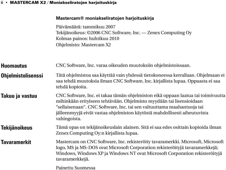 varaa oikeuden muutoksiin ohjelmistoissaan. Tätä ohjelmistoa saa käyttää vain yhdessä tietokoneessa kerrallaan. Ohjelmaan ei saa tehdä muutoksia ilman CNC Software, Inc. kirjallista lupaa.