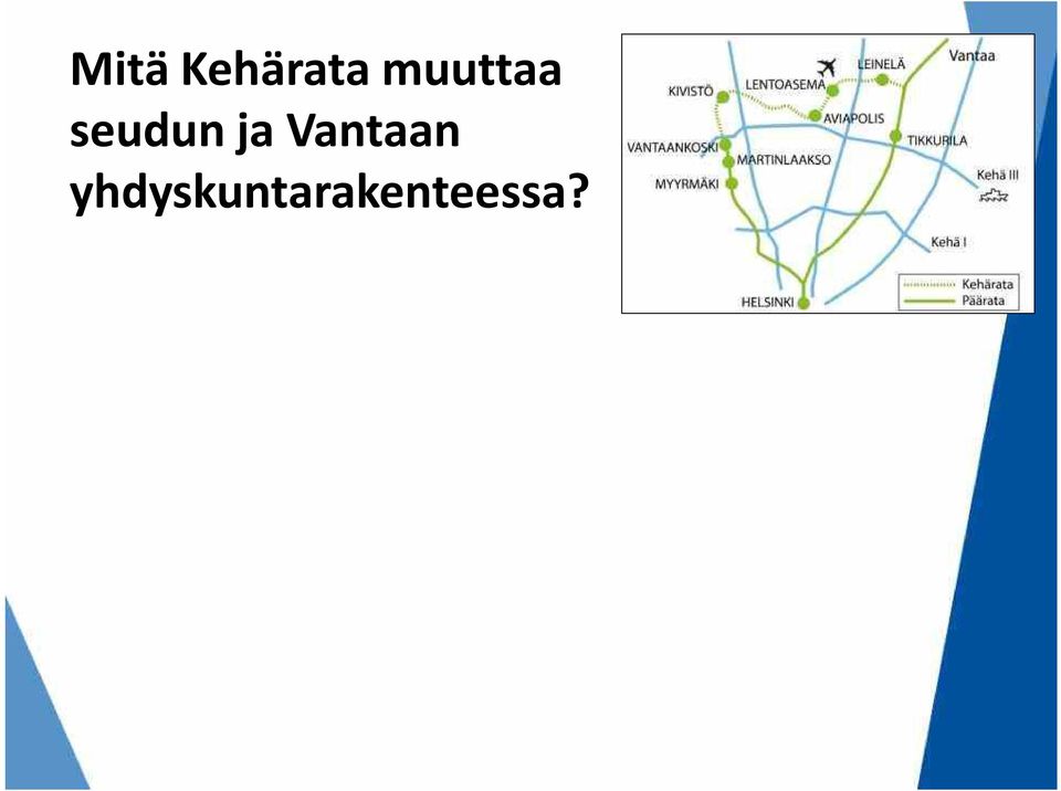 merkittävämmäksi Yhdistää valtakunnallisen raideliikenneverkon lentoasemaan KARTTA ON VÄÄRÄ, PITÄÄ VAIHTAA Kehärata muuttaa Vantaan liikennejärjestelmän raideliikenteeseen perustuvaksi Raideverkosta