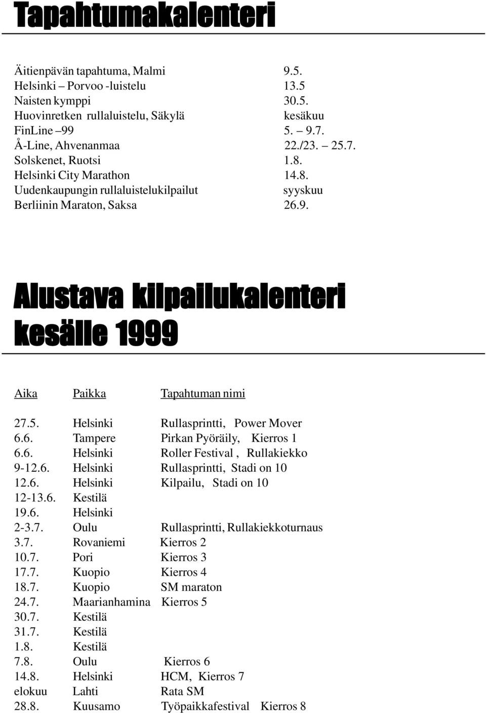 Helsinki Rullasprintti, Power Mover 6.6. Tampere Pirkan Pyöräily, Kierros 1 6.6. Helsinki Roller Festival, Rullakiekko 9-12.6. Helsinki Rullasprintti, Stadi on 10 12.6. Helsinki Kilpailu, Stadi on 10 12-13.