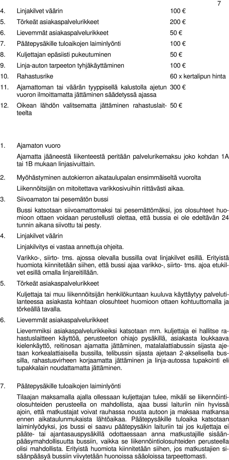 Oikean lähdön valitsematta jättäminen rahastuslaitteelta 300 50 7 1. Ajamaton vuoro Ajamatta jääneestä liikenteestä peritään palvelurikemaksu joko kohdan 1A tai 1B mukaan linjasivuittain. 2.