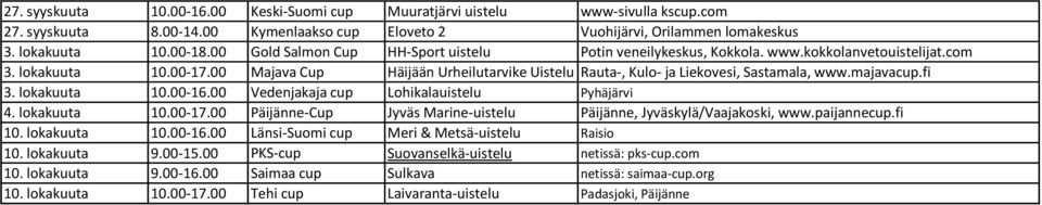 00 Majava Cup Häijään Urheilutarvike Uistelu Rauta-, Kulo- ja Liekovesi, Sastamala, www.majavacup.fi 3. lokakuuta 10.00-16.00 Vedenjakaja cup Lohikalauistelu Pyhäjärvi 4. lokakuuta 10.00-17.