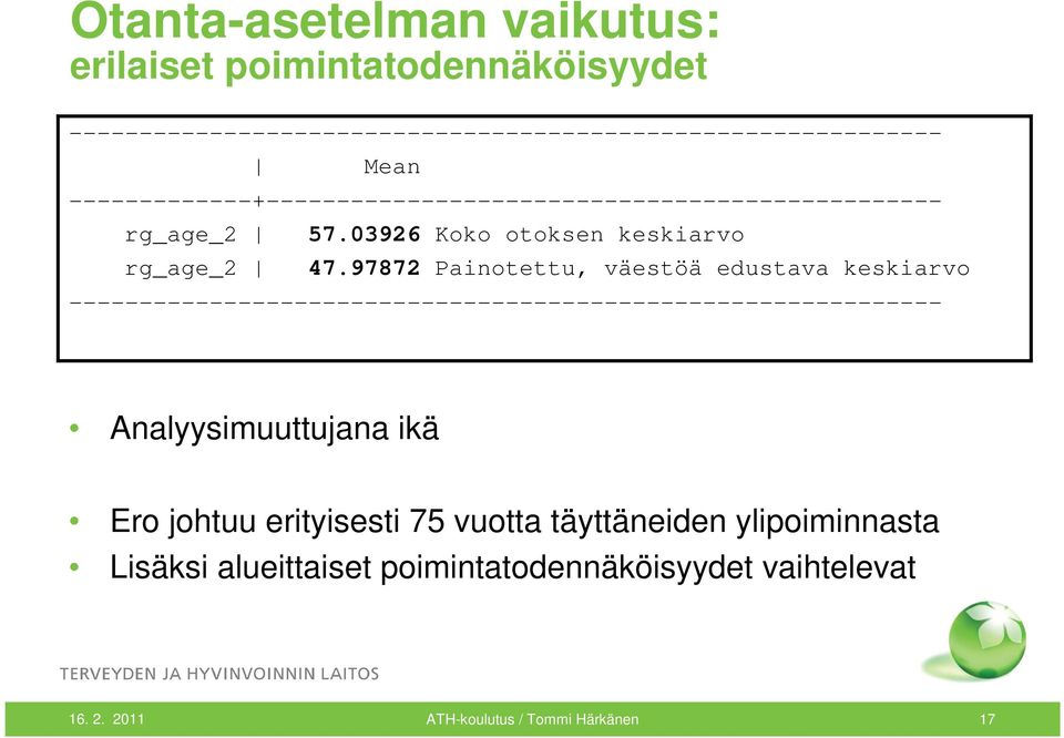 97872 Painotettu, väestöä edustava keskiarvo -------------------------------------------------------------- Analyysimuuttujana ikä Ero