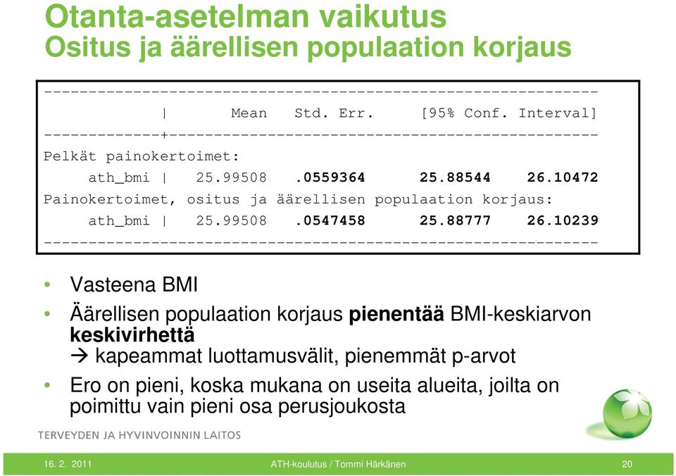 10472 Painokertoimet, ositus ja äärellisen populaation korjaus: ath_bmi 25.99508.0547458 25.88777 26.