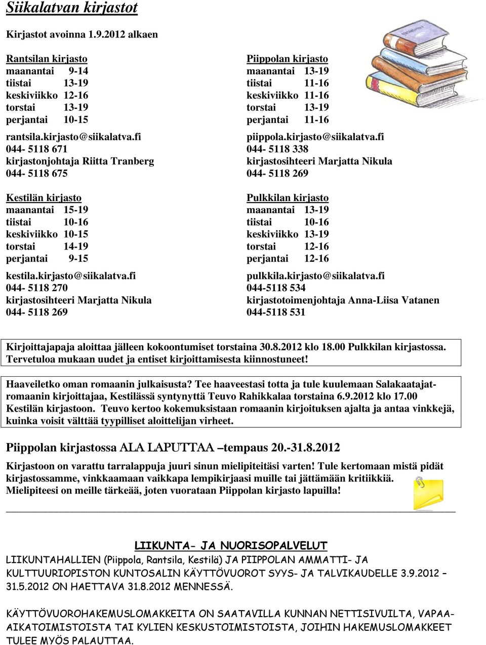 fi 044-5118 270 kirjastosihteeri Marjatta Nikula 044-5118 269 Piippolan kirjasto maanantai 13-19 tiistai 11-16 keskiviikko 11-16 torstai 13-19 perjantai 11-16 piippola.kirjasto@siikalatva.