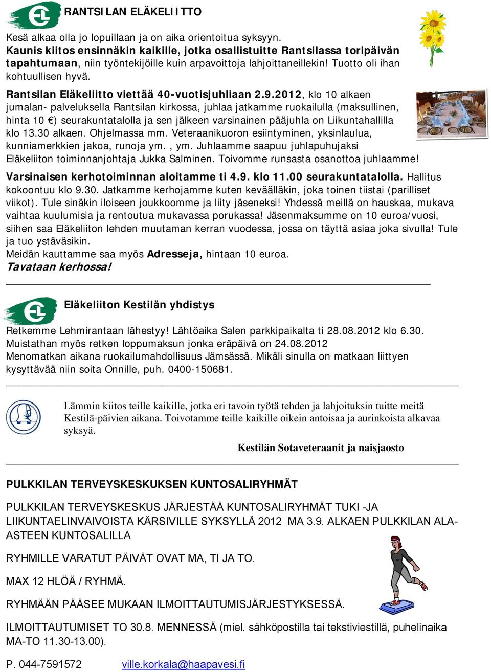 Rantsilan Eläkeliitto viettää 40-vuotisjuhliaan 2.9.