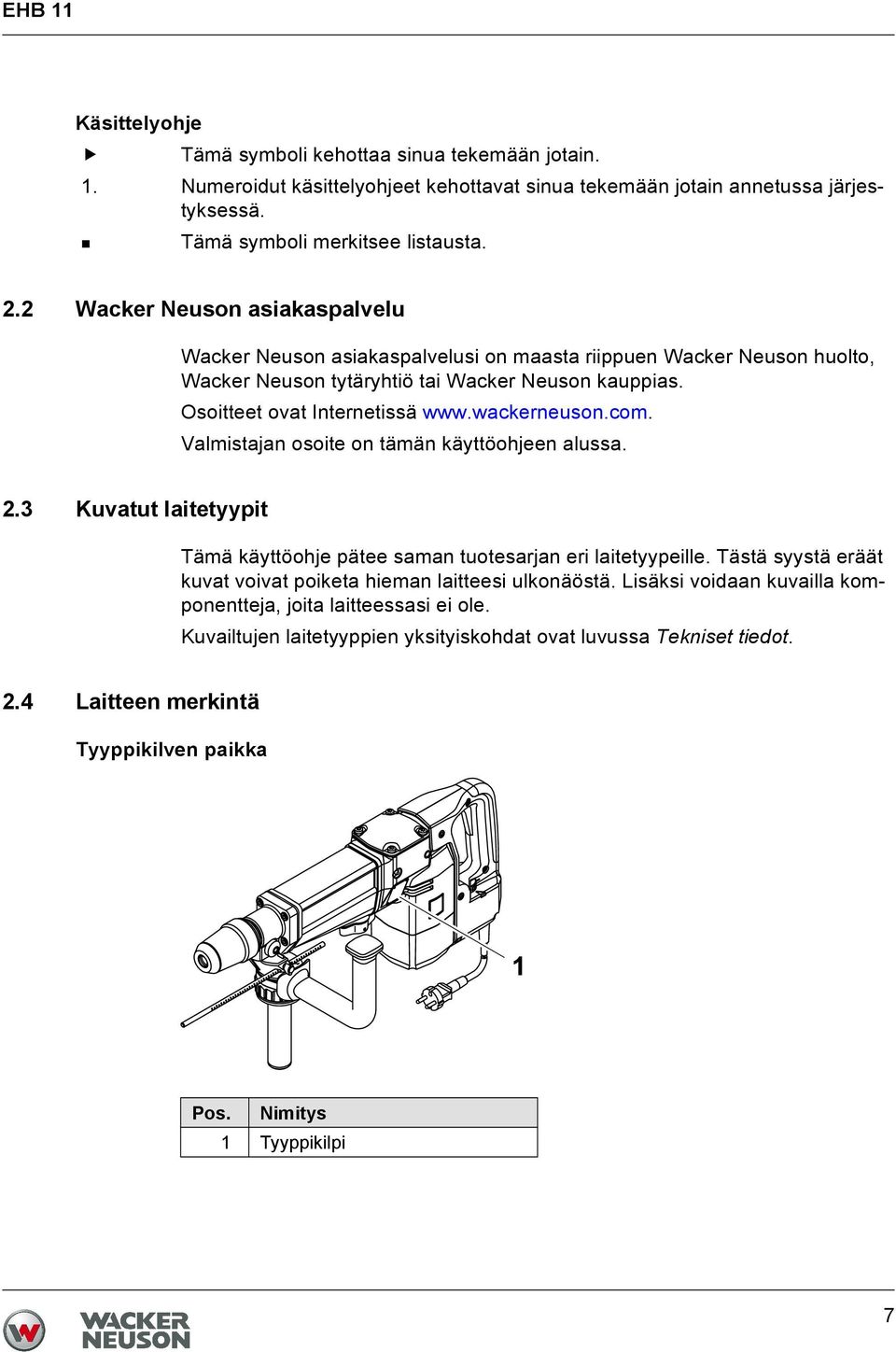 wackerneuson.com. Valmistajan osoite on tämän käyttöohjeen alussa. 2.3 Kuvatut laitetyypit Tämä käyttöohje pätee saman tuotesarjan eri laitetyypeille.