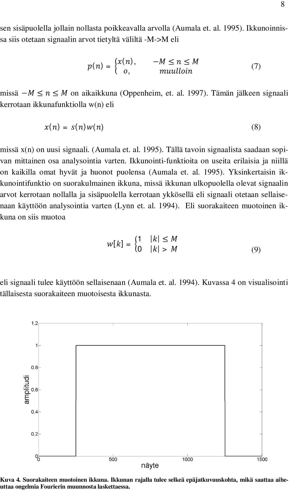 Tällä tavoin signaalista saadaan sopivan mittainen osa analysointia varten. Ikkunointi-funktioita on useita erilaisia ja niillä on kaikilla omat hyvät ja huonot puolensa (Aumala et. al. 1995).