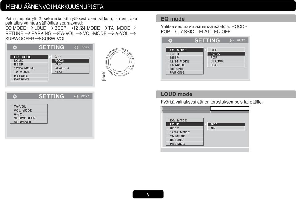 TA MODE RETUNE PARKING TA-VOL VOL-MODE A-VOL SUBWOOFER SUBW-VOL EQ mode Valitse seuraavia