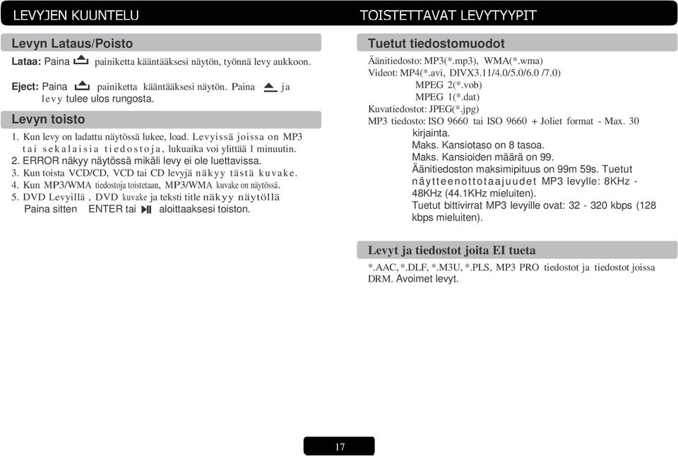 ERROR näkyy näytössä mikäli levy ei ole luettavissa. 3. Kun toista VCD/CD, VCD tai CD levyjä näkyy tästä kuvake. 4. Kun MP3/WMA tiedostoja toistetaan, MP3/WMA kuvake on näytössä. 5.