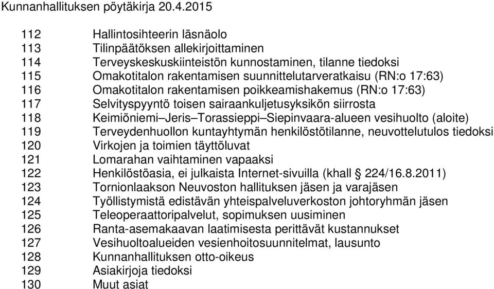 Siepinvaara-alueen vesihuolto (aloite) 119 Terveydenhuollon kuntayhtymän henkilöstötilanne, neuvottelutulos tiedoksi 120 Virkojen ja toimien täyttöluvat 121 Lomarahan vaihtaminen vapaaksi 122