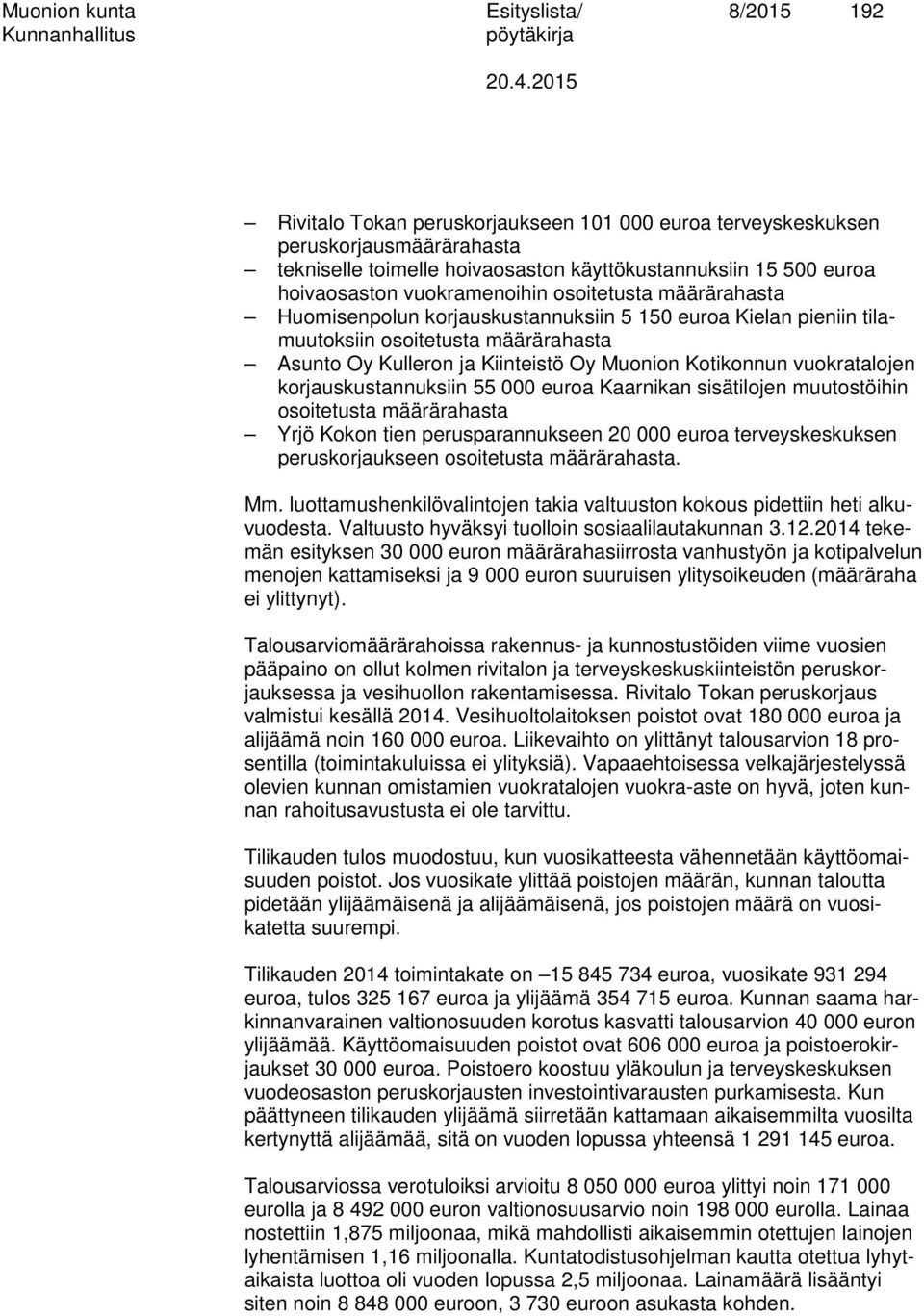 Kotikonnun vuokratalojen korjauskustannuksiin 55 000 euroa Kaarnikan sisätilojen muutostöihin osoitetusta määrärahasta Yrjö Kokon tien perusparannukseen 20 000 euroa terveyskeskuksen peruskorjaukseen