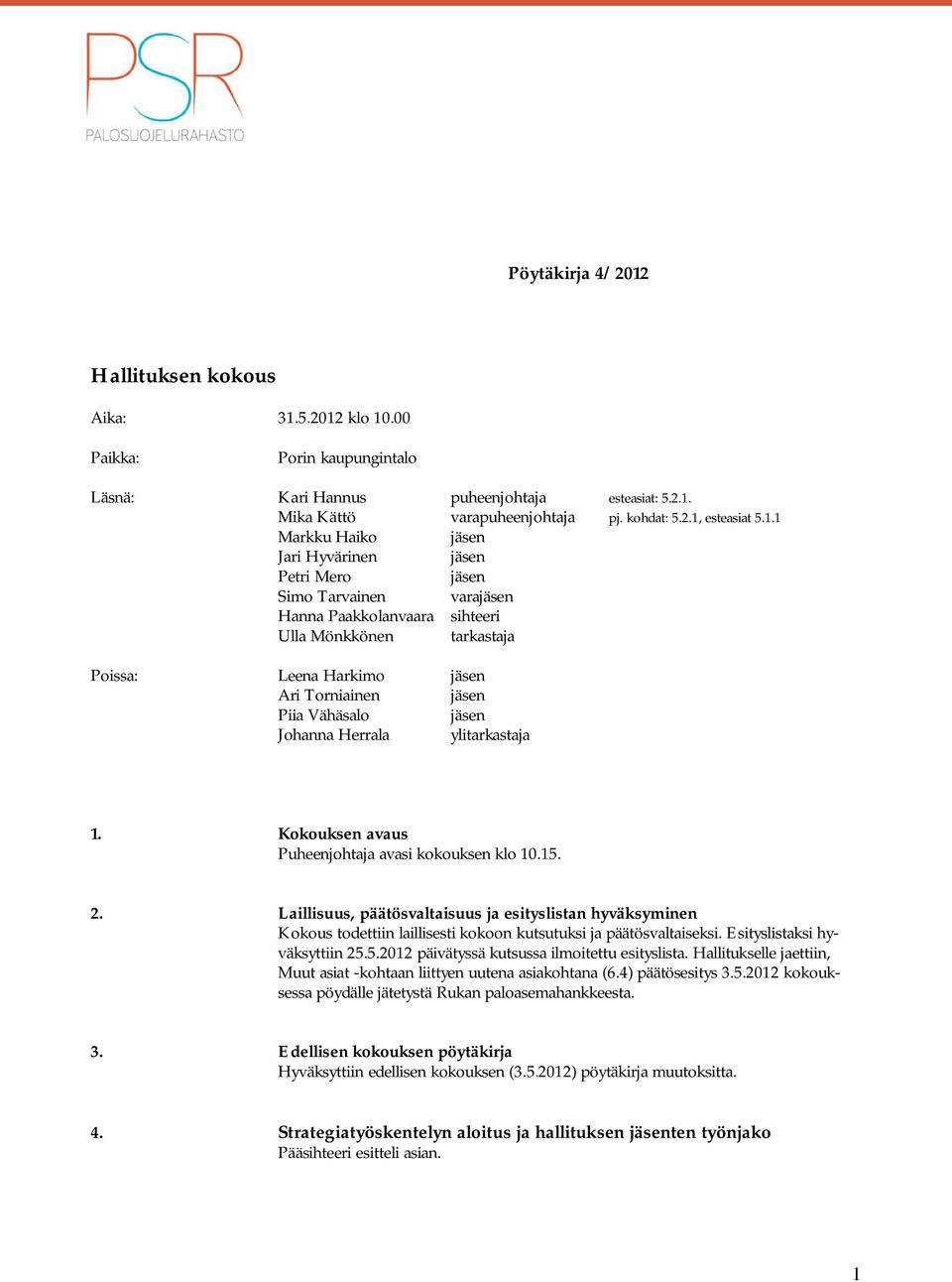 Vähäsalo jäsen Johanna Herrala ylitarkastaja 1. Kokouksen avaus Puheenjohtaja avasi kokouksen klo 10.15. 2.