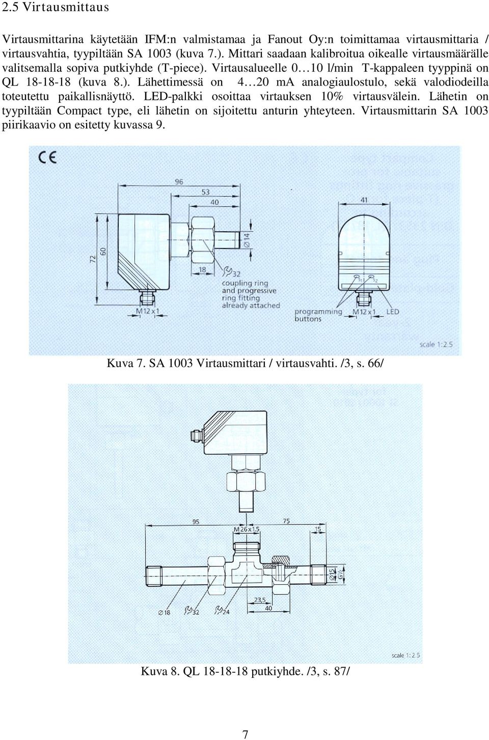 Virtausalueelle 0 10 l/min T-kappaleen tyyppinä on QL 18-18-18 (kuva 8.). Lähettimessä on 4 20 ma analogiaulostulo, sekä valodiodeilla toteutettu paikallisnäyttö.