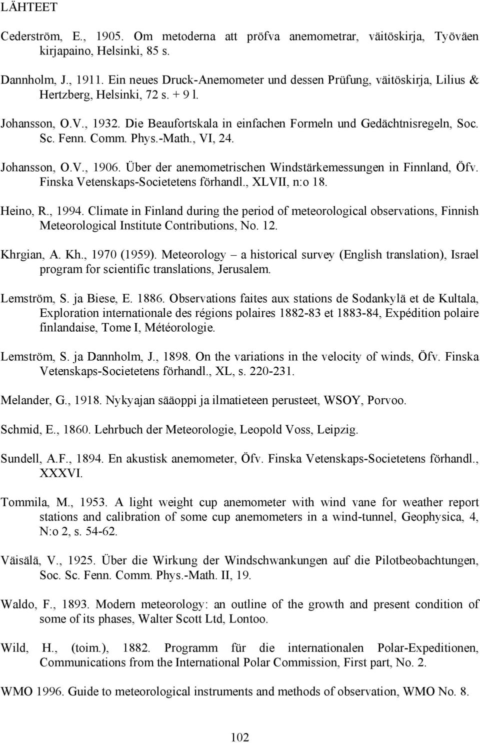 Fenn. Comm. Phys.-Math., VI, 24. Johansson, O.V., 196. Über der anemometrischen Windstärkemessungen in Finnland, Öfv. Finska Vetenskaps-Societetens förhandl., XLVII, n:o 18. Heino, R., 1994.