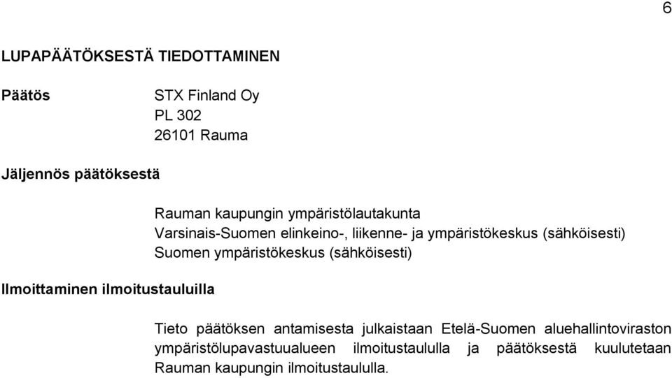(sähköisesti) Suomen ympäristökeskus (sähköisesti) Tieto päätöksen antamisesta julkaistaan Etelä-Suomen