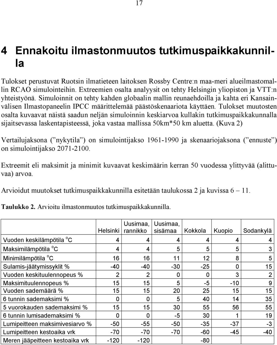 Simuloinnit on tehty kahden globaalin mallin reunaehdoilla ja kahta eri Kansainvälisen Ilmastopaneelin IPCC määrittelemää päästöskenaariota käyttäen.