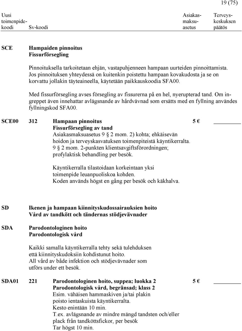 Med fissurförsegling avses försegling av fissurerna på en hel, nyerupterad tand. Om ingreppet även innehattar avlägsnande av hårdvävnad som ersätts med en fyllning användes fyllningskod SFA00.