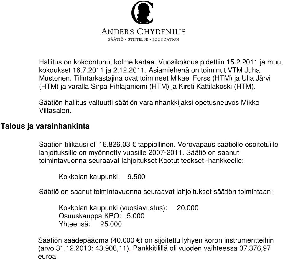 Säätiön hallitus valtuutti säätiön varainhankkijaksi opetusneuvos Mikko Viitasalon. Talous ja varainhankinta Säätiön tilikausi oli 16.826,03 tappiollinen.