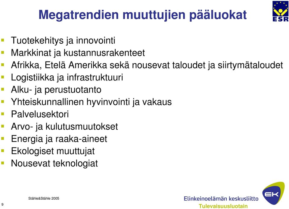 Logistiikka ja infrastruktuuri Alku- ja perustuotanto Yhteiskunnallinen hyvinvointi ja