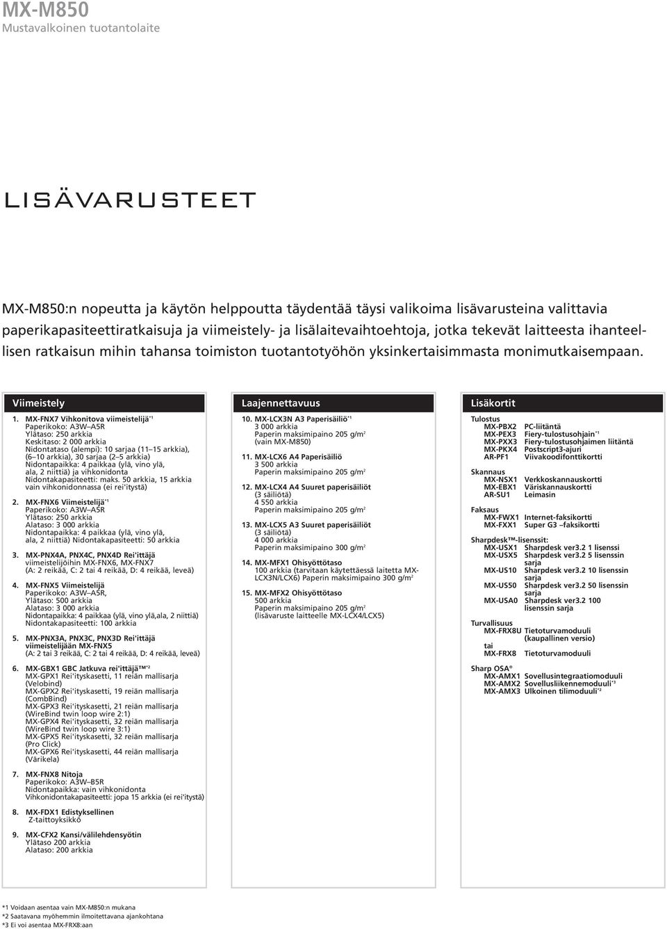 MX-FNX7 Vihkonitova viimeistelijä *1 Paperikoko: A3W A5R Ylätaso: 250 arkkia Keskitaso: 2 000 arkkia Nidontataso (alempi): 10 sarjaa (11 15 arkkia), (6 10 arkkia), 30 sarjaa (2 5 arkkia)