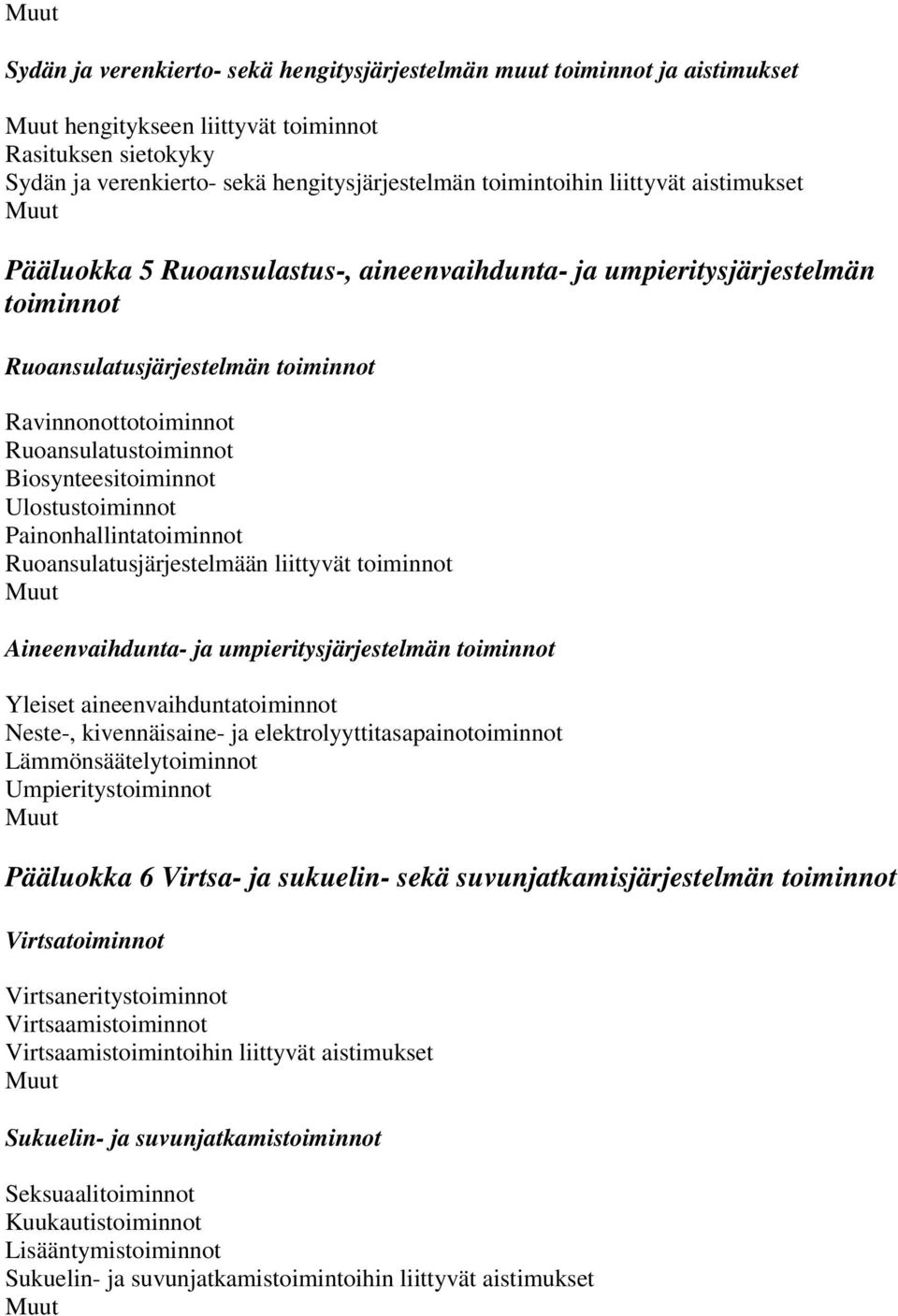 Biosynteesitoiminnot Ulostustoiminnot Painonhallintatoiminnot Ruoansulatusjärjestelmään liittyvät toiminnot Aineenvaihdunta- ja umpieritysjärjestelmän toiminnot Yleiset aineenvaihduntatoiminnot