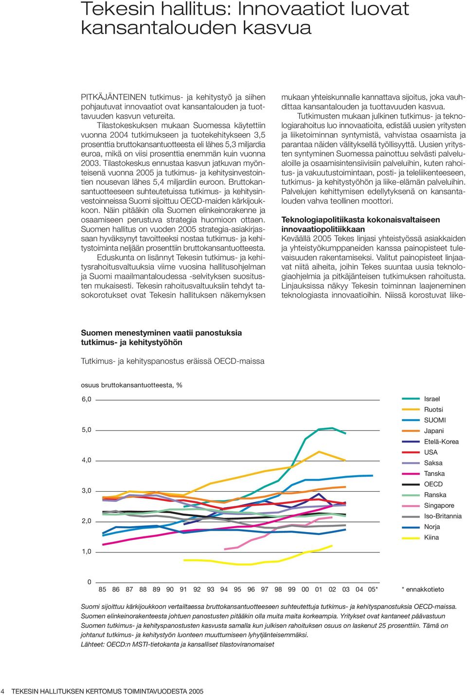 vuonna 2003. Tilastokeskus ennustaa kasvun jatkuvan myönteisenä vuonna 2005 ja tutkimus- ja kehitysinvestointien nousevan lähes 5,4 miljardiin euroon.