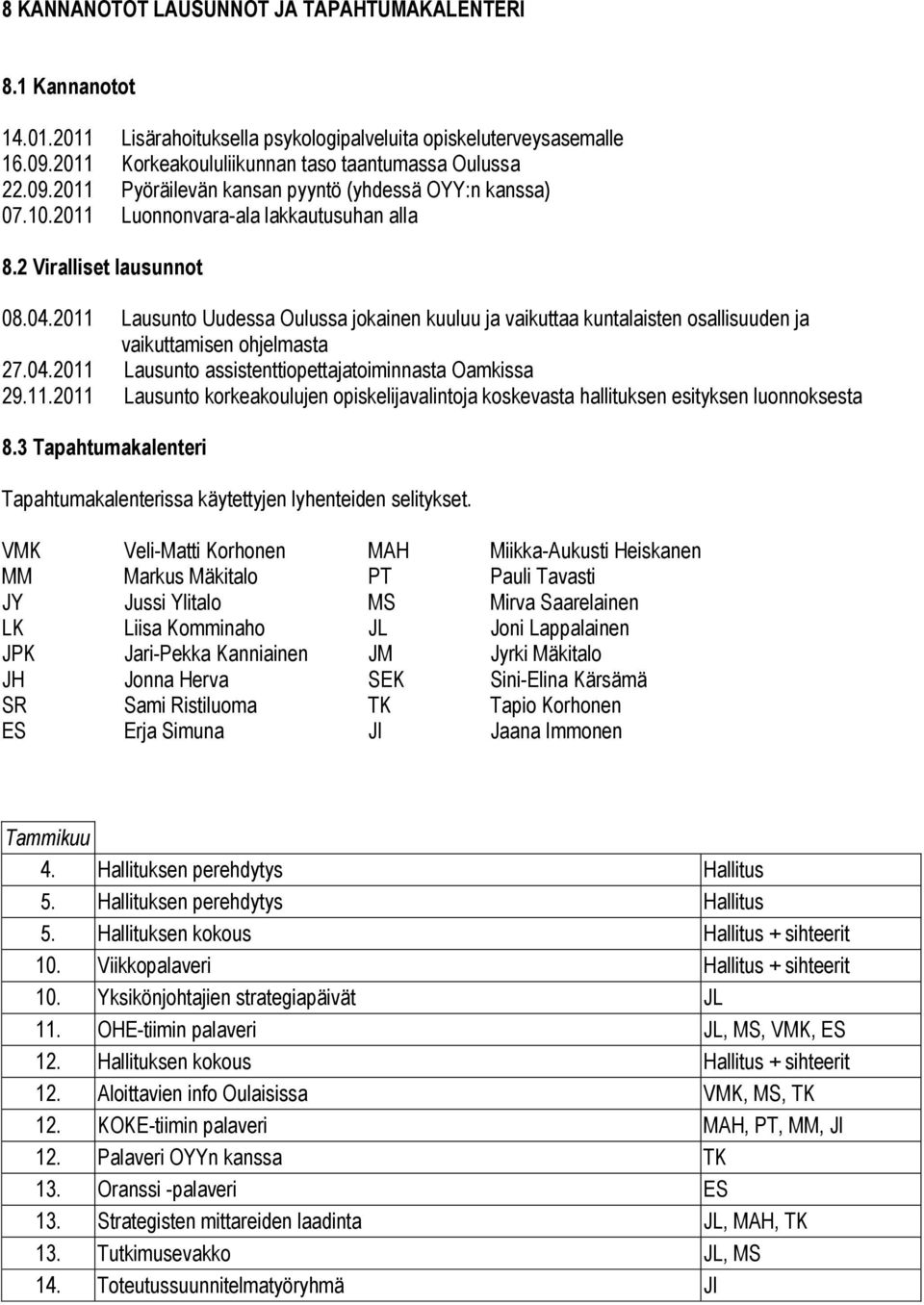 11.2011 Lausunto korkeakoulujen opiskelijavalintoja koskevasta hallituksen esityksen luonnoksesta 8.3 Tapahtumakalenteri Tapahtumakalenterissa käytettyjen lyhenteiden selitykset.