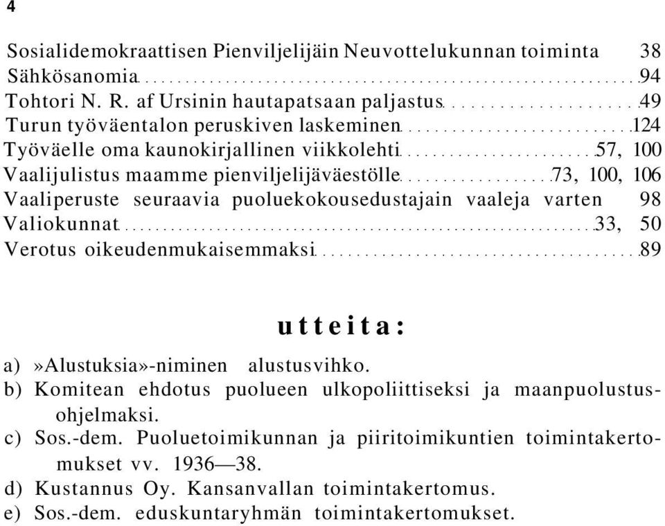 73, 100, 106 Vaaliperuste seuraavia puoluekokousedustajain vaaleja varten 98 Valiokunnat 33, 50 Verotus oikeudenmukaisemmaksi 89 utteita: a)»alustuksia»-niminen alustusvihko.