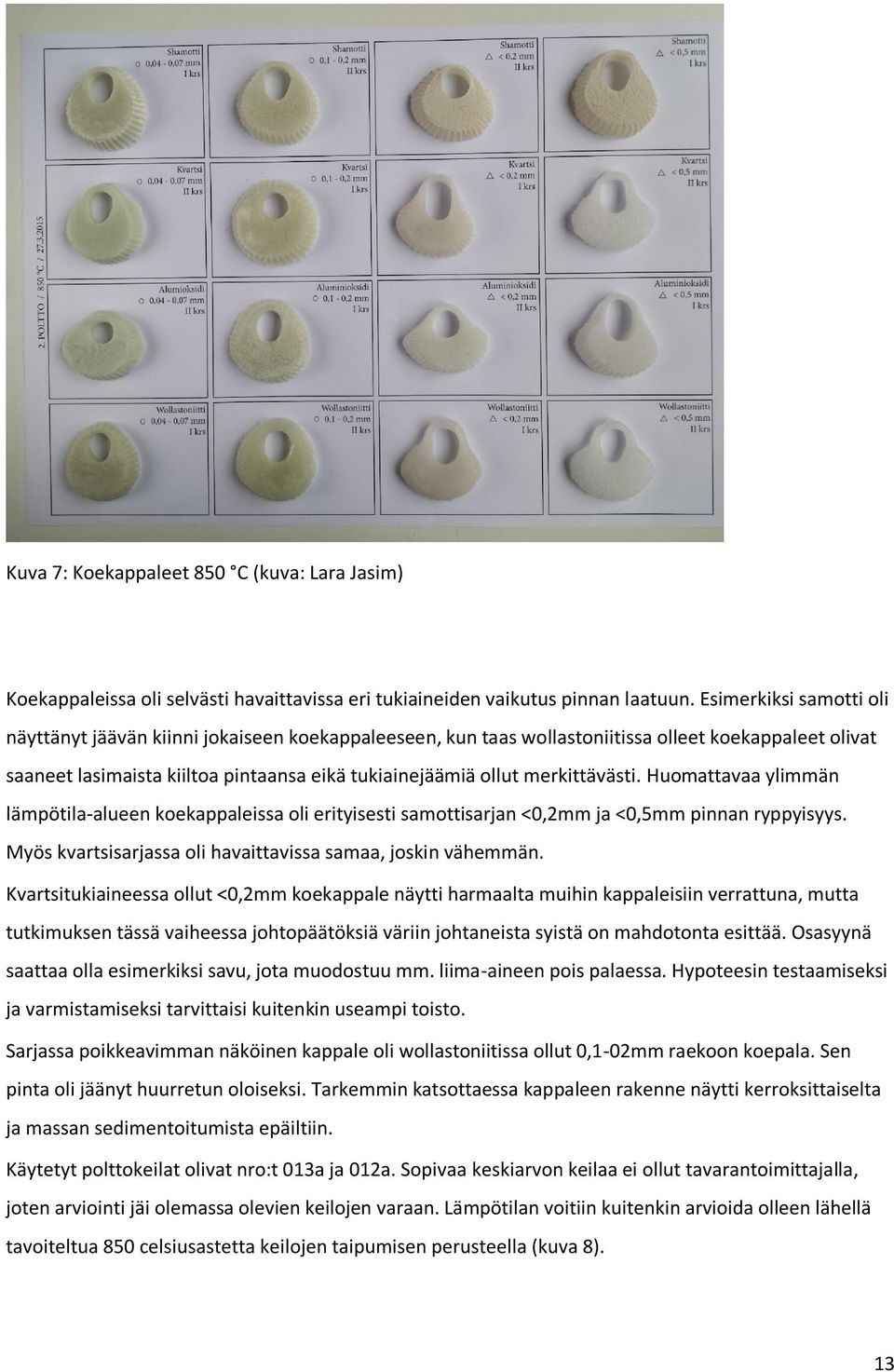 merkittävästi. Huomattavaa ylimmän lämpötila-alueen koekappaleissa oli erityisesti samottisarjan <0,2mm ja <0,5mm pinnan ryppyisyys. Myös kvartsisarjassa oli havaittavissa samaa, joskin vähemmän.