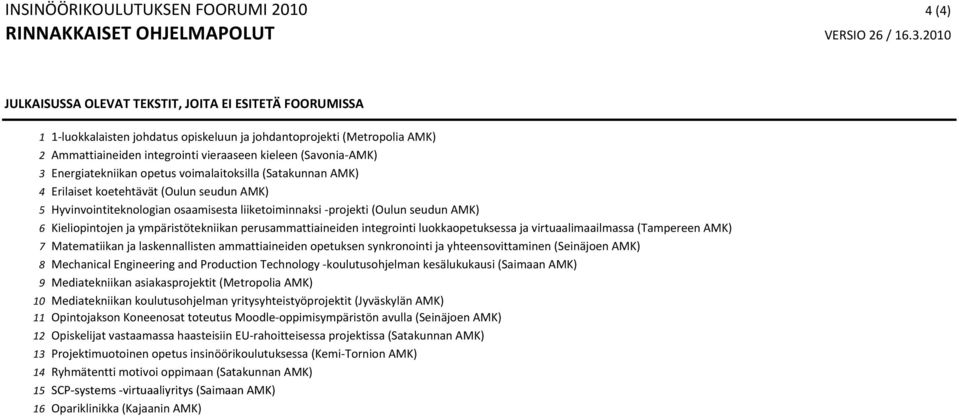 6 Kieliopintojen ja ympäristötekniikan perusammattiaineiden integrointi luokkaopetuksessa ja virtuaalimaailmassa (Tampereen 7 Matematiikan ja laskennallisten ammattiaineiden opetuksen synkronointi ja