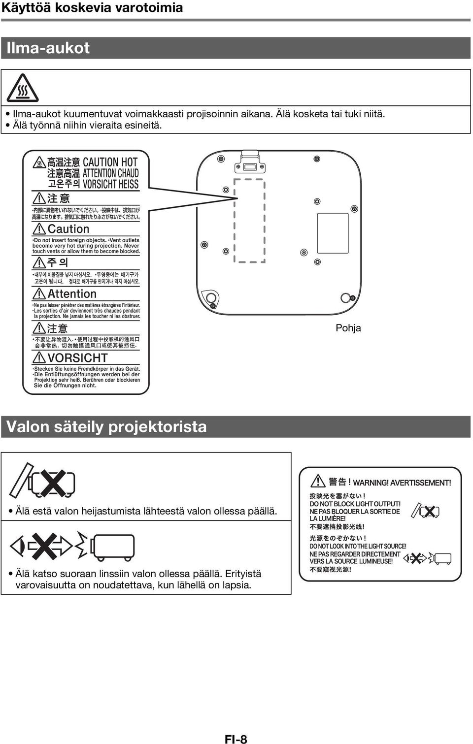 Pohja Valon säteily projektorista Älä estä valon heijastumista lähteestä valon ollessa päällä.