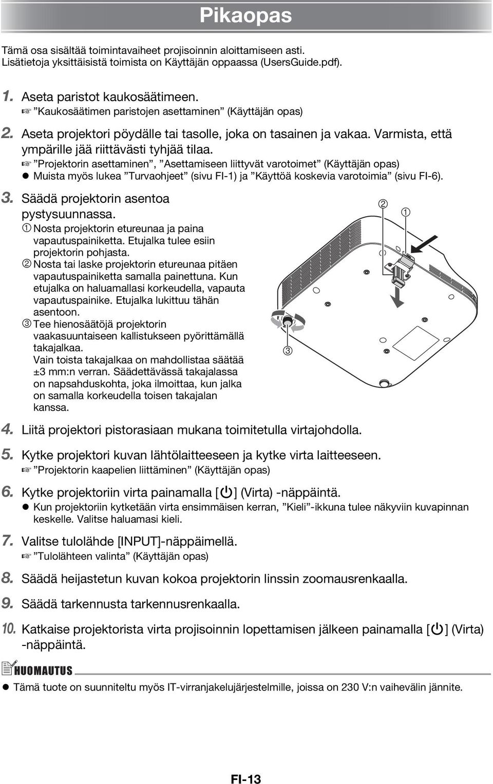 Projektorin asettaminen, Asettamiseen liittyvät varotoimet (Käyttäjän opas) Muista myös lukea Turvaohjeet (sivu FI-1) ja Käyttöä koskevia varotoimia (sivu FI-6). 3.