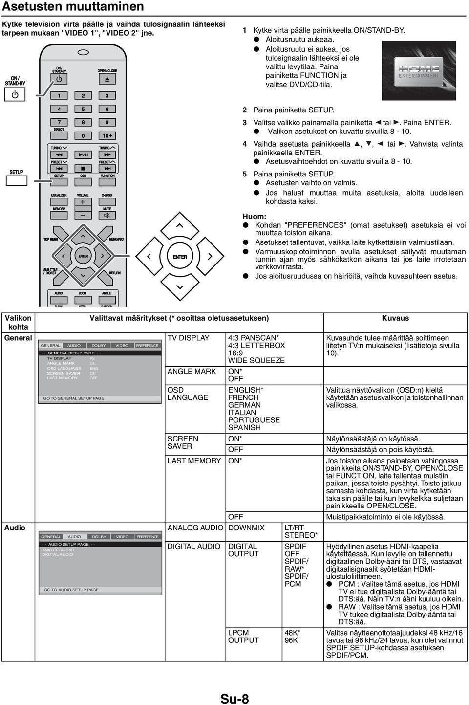 SETUP DIRECT TOP MENU SUB TITLE / DIGEST 4 5 6 7 8 9 SETUP EQUALIZER MEMORY 0 10 OSD VOLUME FUNCTION X-BASS MUTE MENU/PBC RETURN 2 Paina painiketta SETUP. 3 Valitse valikko painamalla painiketta tai.