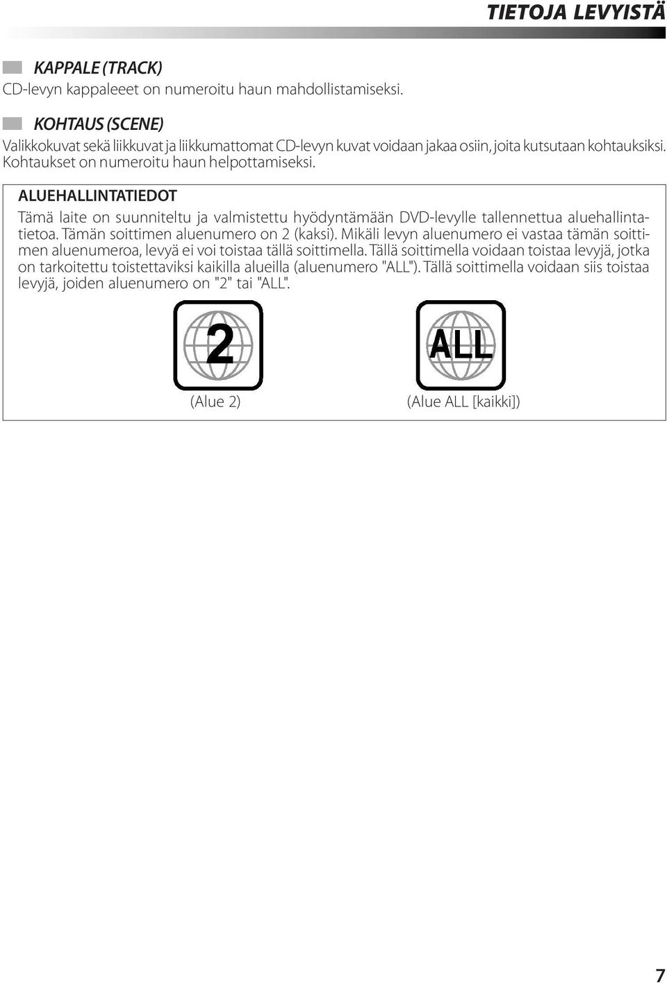 ALUEHALLINTATIEDOT Tämä laite on suunniteltu ja valmistettu hyödyntämään DVD-levylle tallennettua aluehallintatietoa. Tämän soittimen aluenumero on 2 (kaksi).