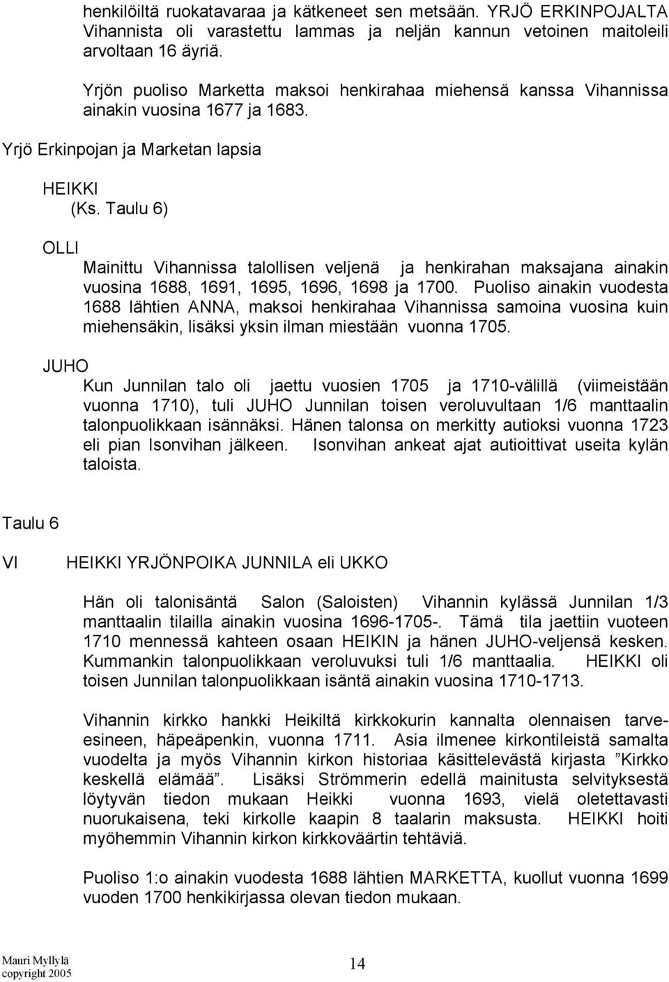 Taulu 6) OLLI Mainittu Vihannissa talollisen veljenä ja henkirahan maksajana ainakin vuosina 1688, 1691, 1695, 1696, 1698 ja 1700.